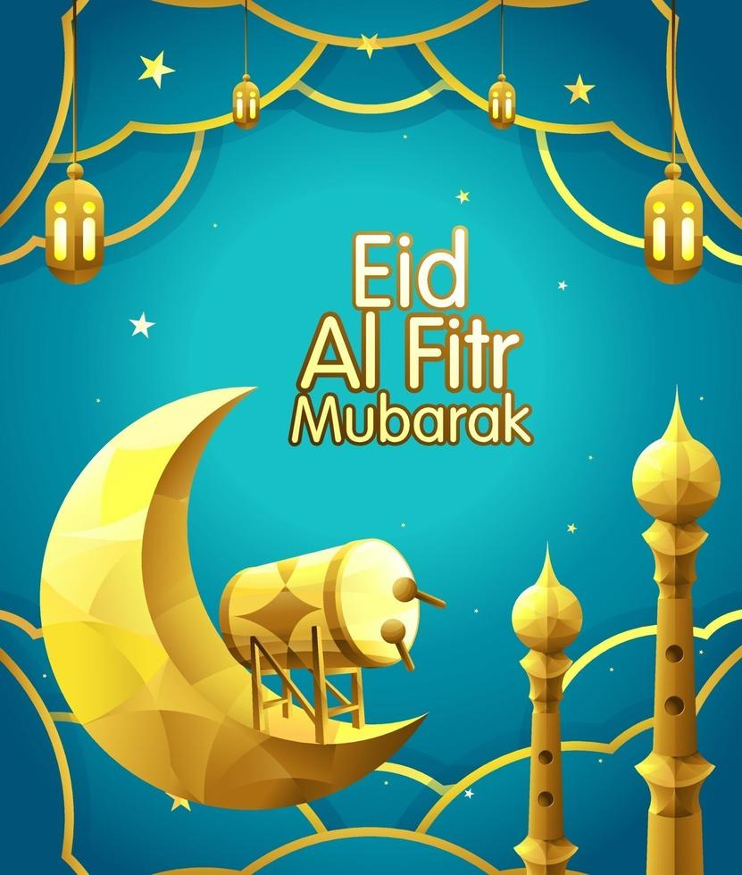 Eid Mubarak Vector Illustration with golden crescent moon, drum, and lantern on a blue gradient cloud and sky background.