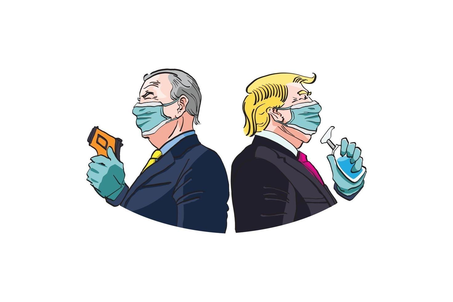 USA Donald Trump Versus Joe Biden cowboy gunfights post, corona prevention, Presidential candidates for 2020 American Elections vector illustration.