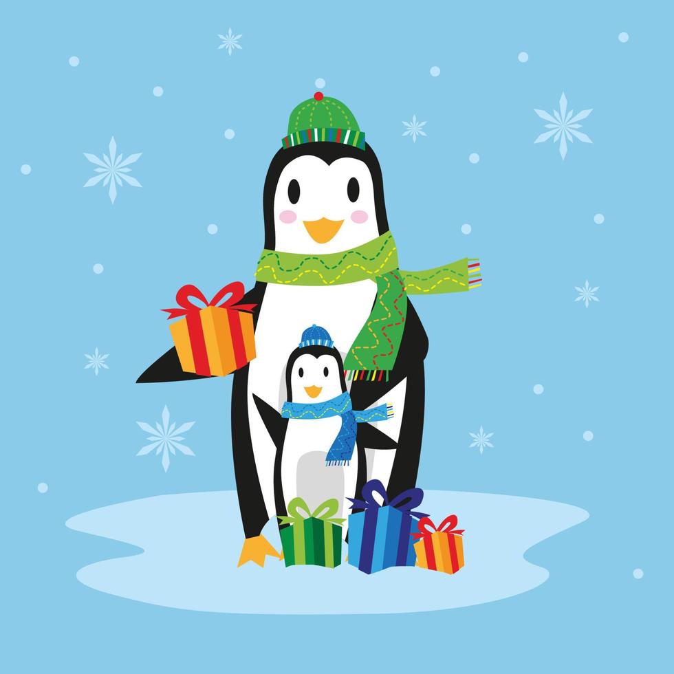 linda mamá pingüino con regalo y fondo de copos de nieve vector