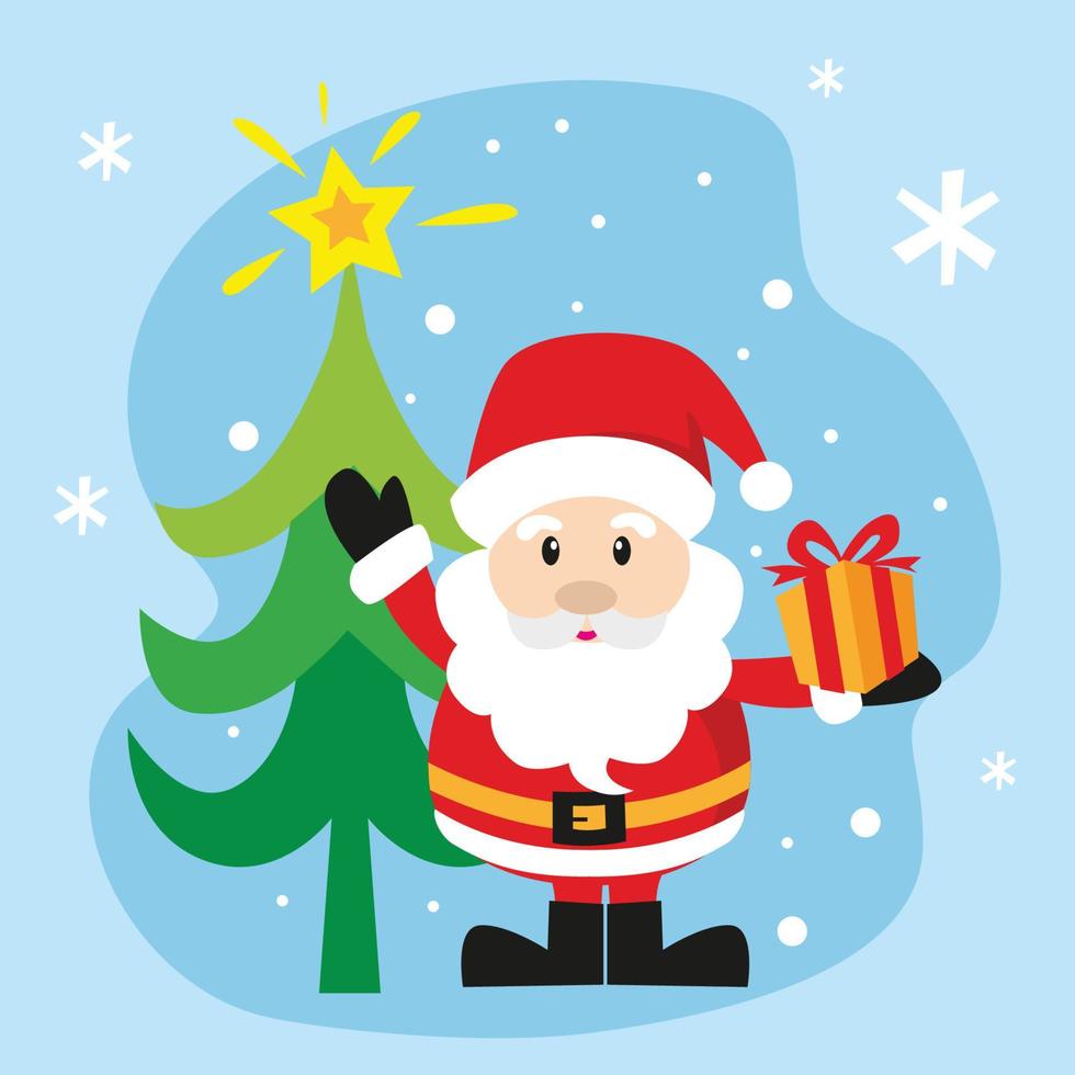 lindo santa con regalo y árbol de navidad vector