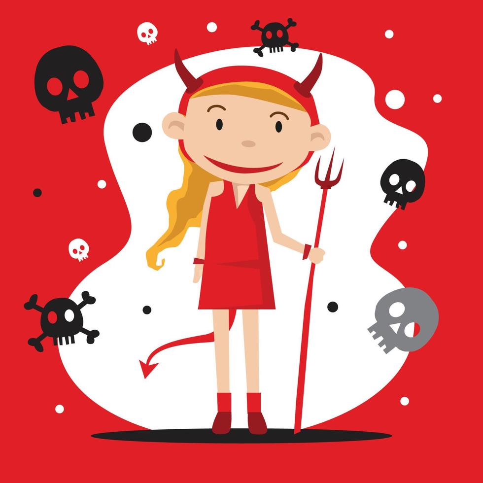 cute girl with red devil costum and skull background vector