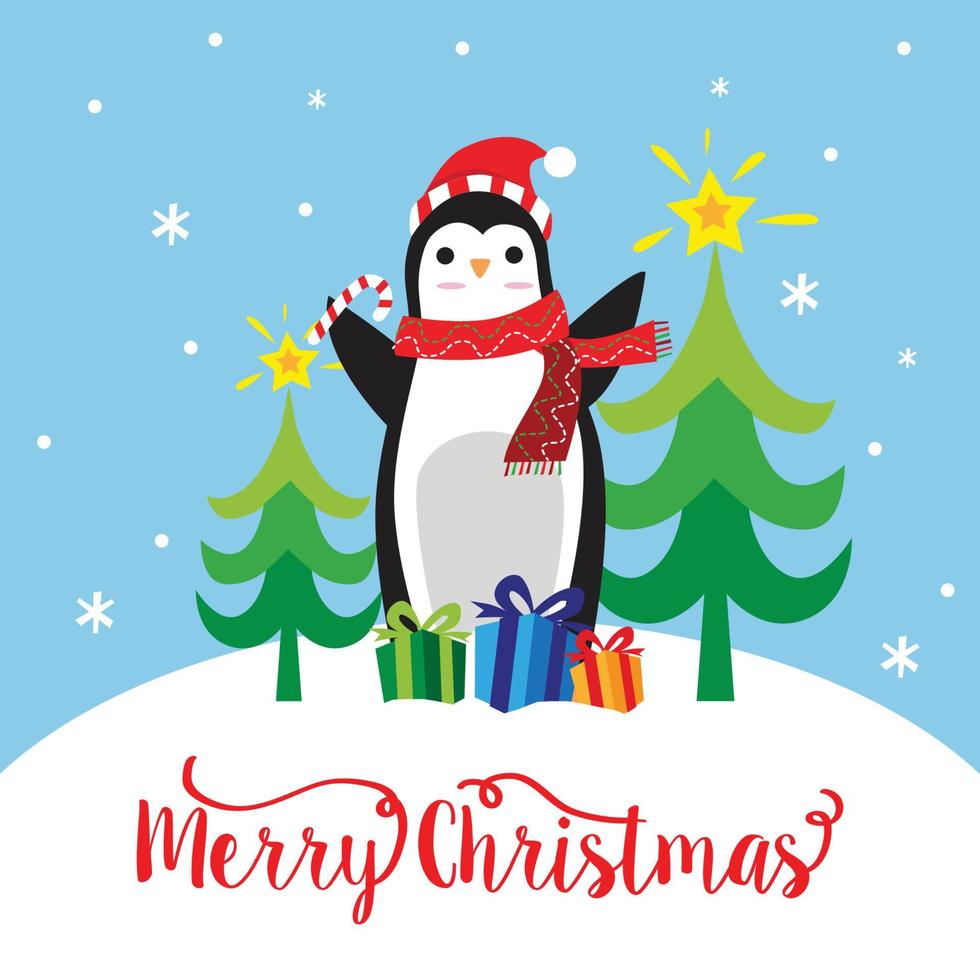 lindo pingüino con regalo y texto de feliz navidad vector