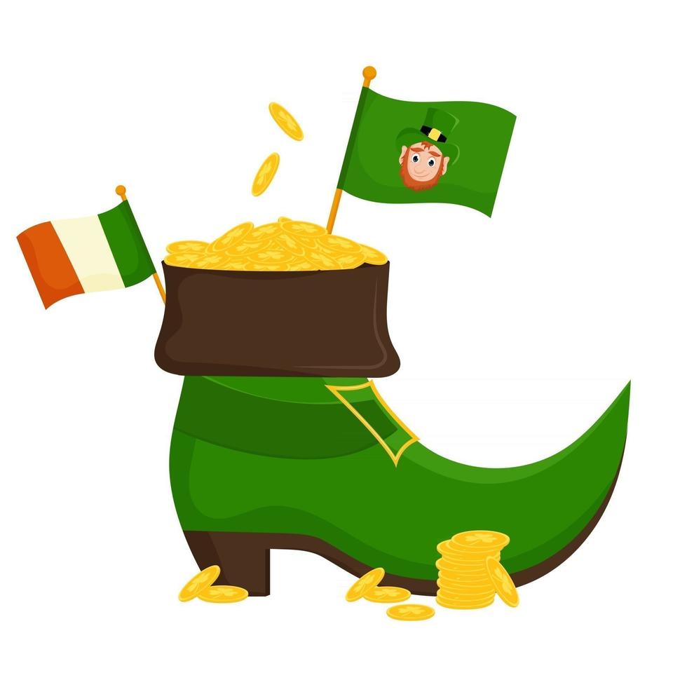 Cute cartoon leprechaun with a pot of gold. Vector illustration with happy St. Patrick's Day.