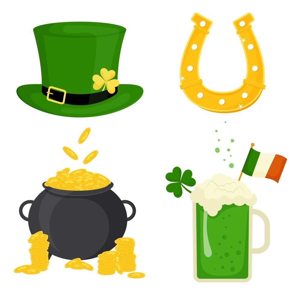 St. Patrick's Day vector icons set isolated on a white background. Flat style, cartoon style elements horseshoe, green ale, pot of gold, leprechaun hat.