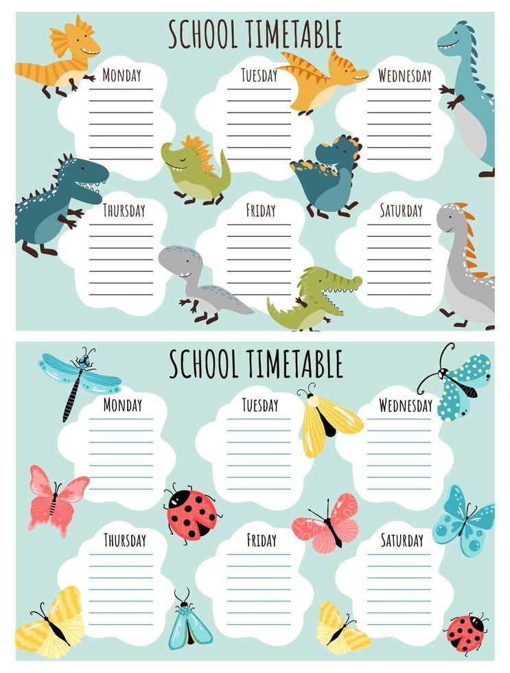 School Timetable. Weekly schedule vector template for school students.