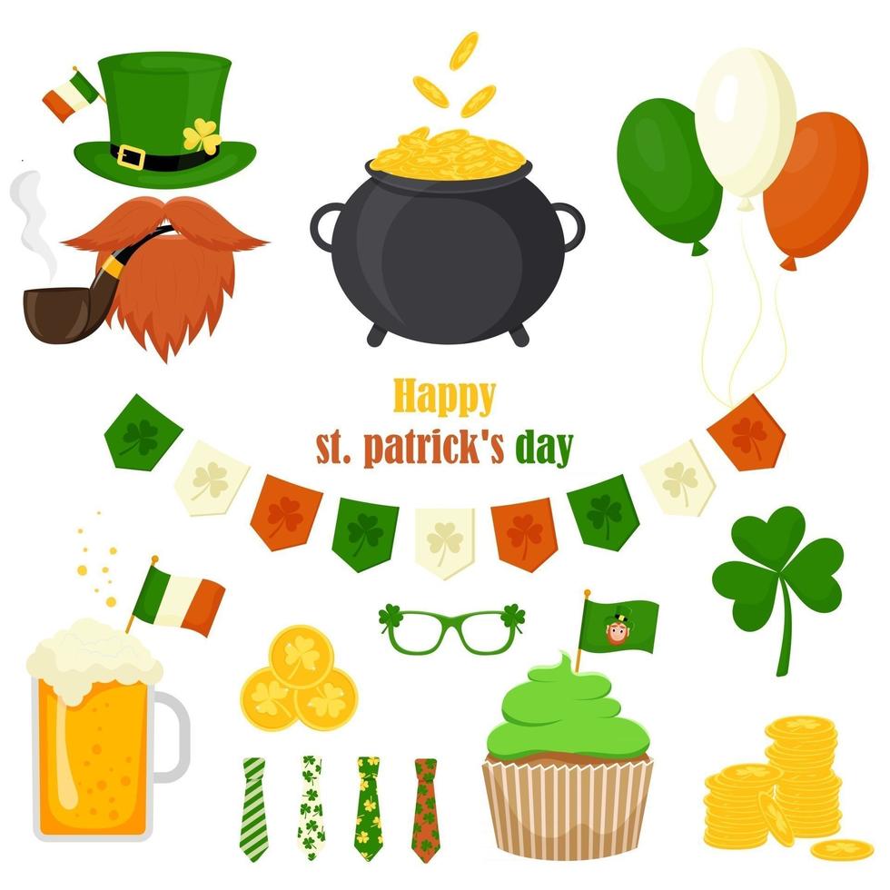 St. Patrick's Day vector icons set isolated on a white background. Flat style, cartoon style elements pot of gold, balls, pipe, cake, coins, beer, flag, tie, shamrock
