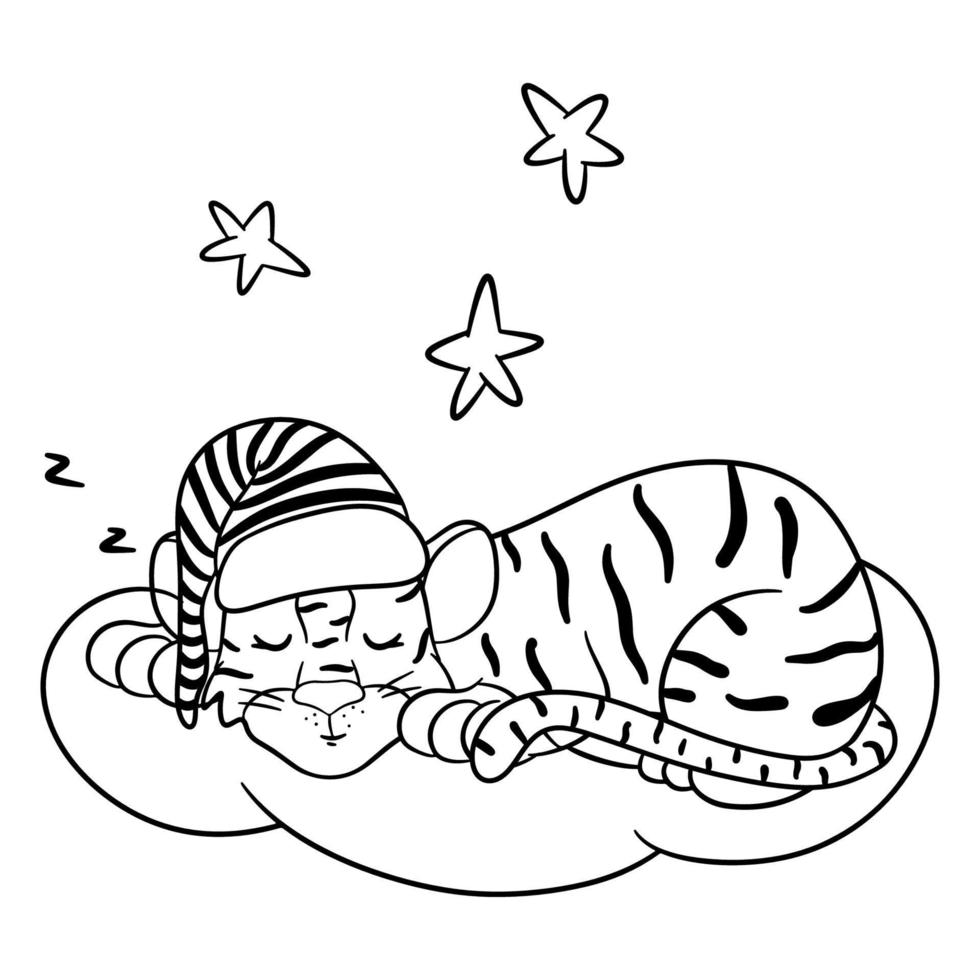 Cute Tiger is sleeping on a cloud. The symbol of the new year according to the Chinese or Eastern calendar. Outline for coloring. Vector editable illustration, cartoon style