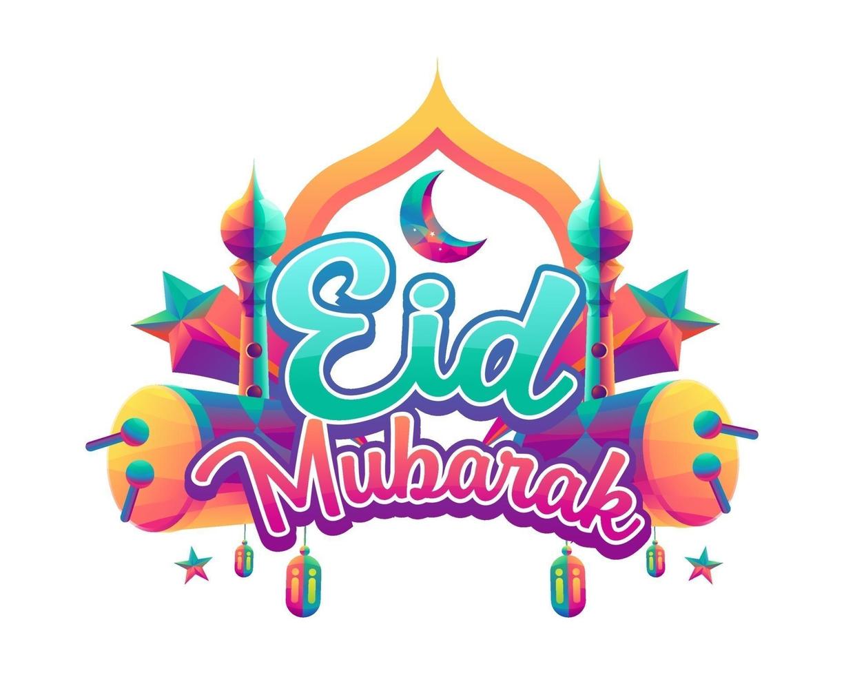 Eid Mubarak Vector Illustration with crescent moon, drum, tower and colorful lanterns on white background