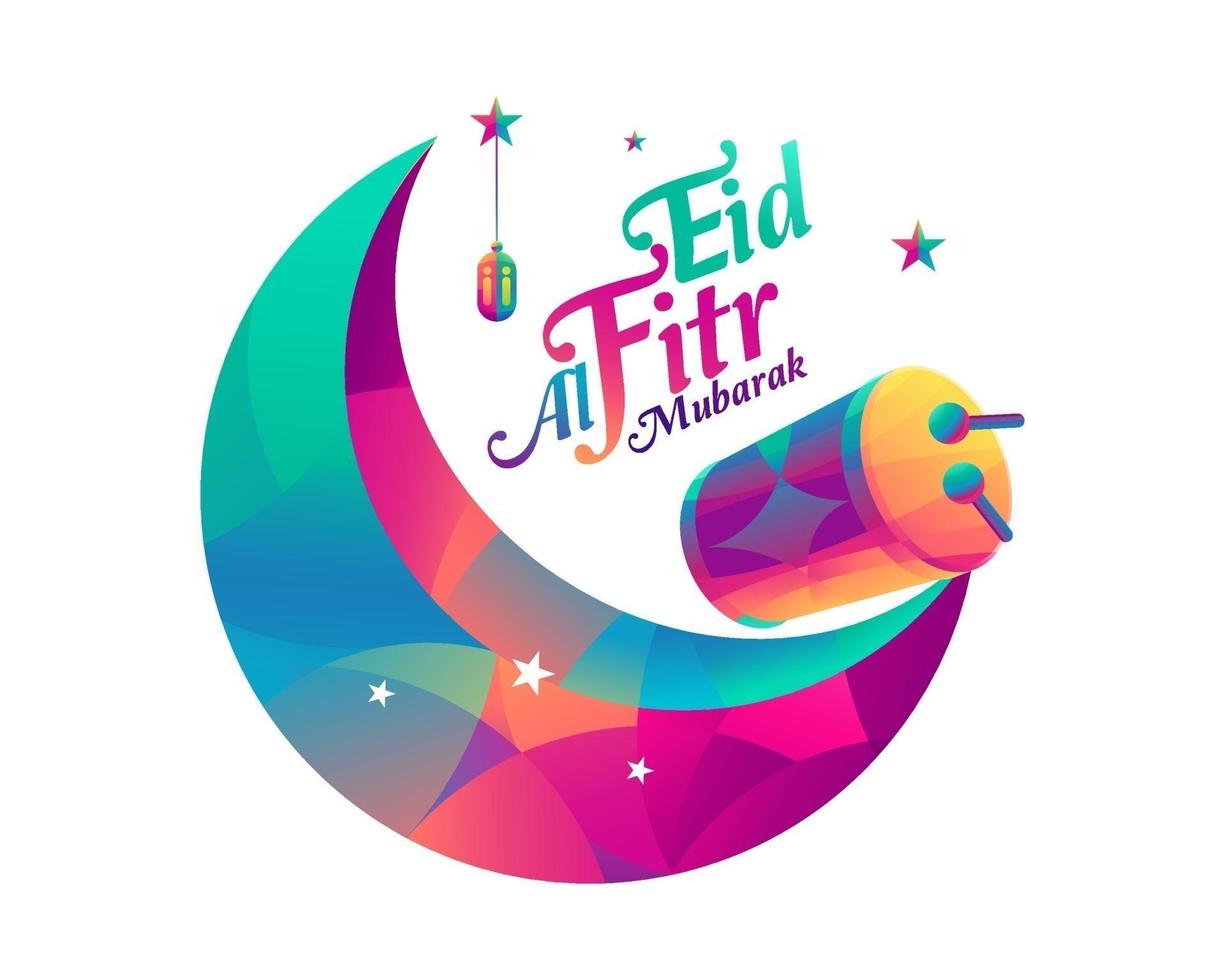 Eid Mubarak Vector Illustration with crescent moon and colorful drum on white background