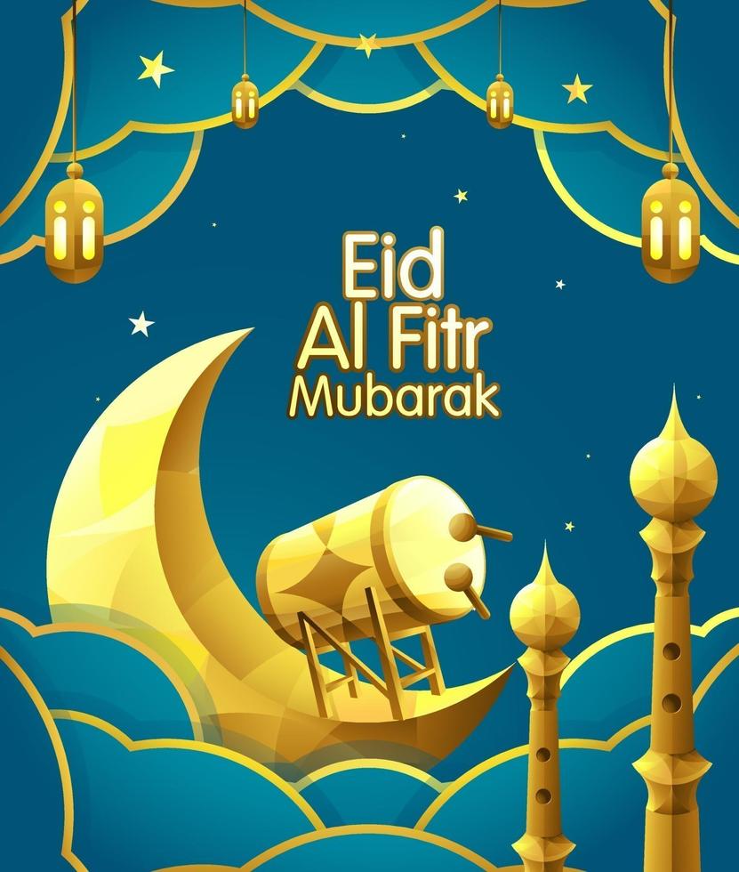 Ied Mubarak Vector Illustration with golden crescent moon, drum, and lantern on a blue gradient cloud and sky background.