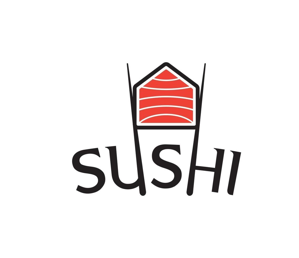 Logo template combines house, chopsticks and simple Sushi text. vector