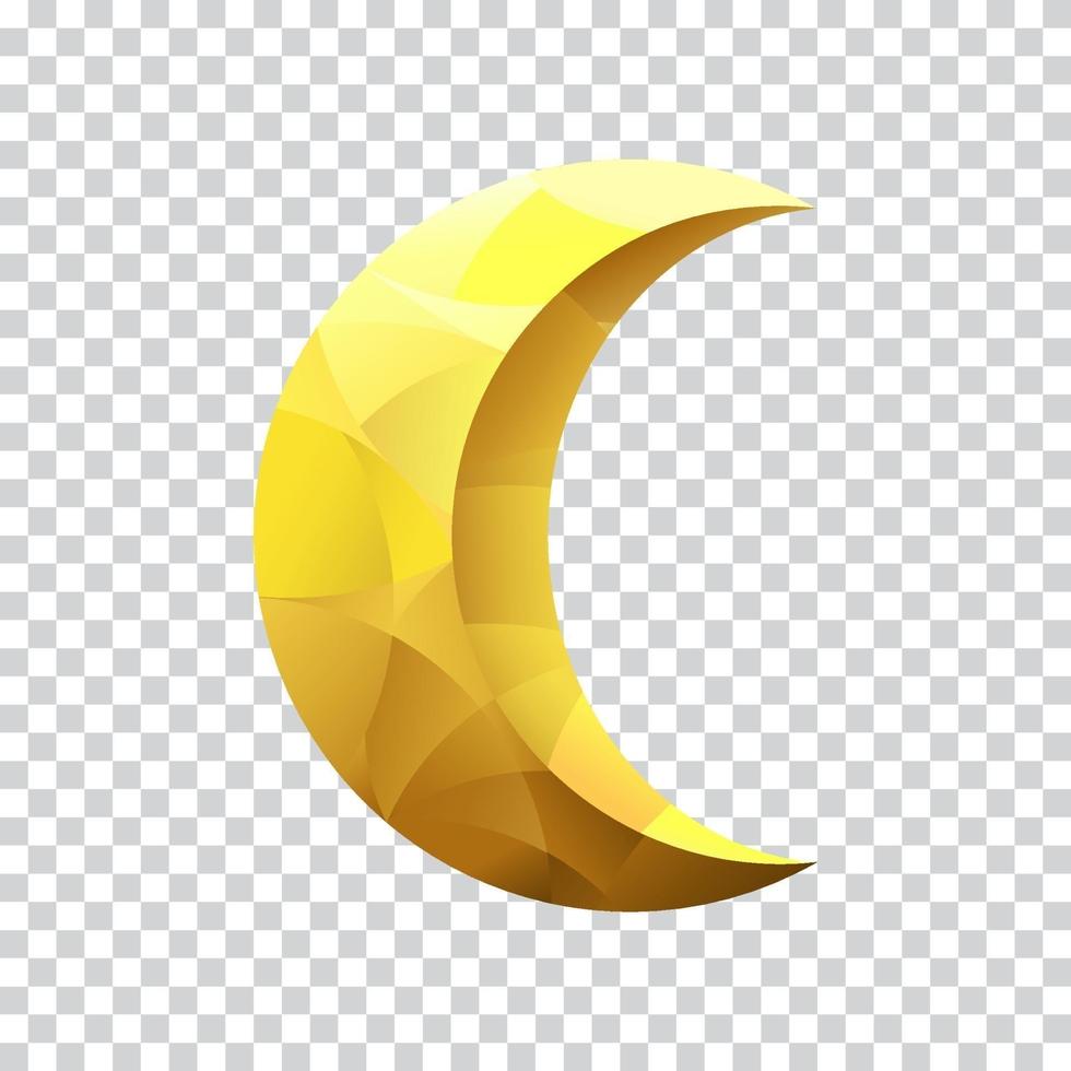 Golden crescent moon isolated transparent background. Decoration for Islamic Muslim holidays. Ramadan Kareem Designs. Vector illustration of a crescent moon