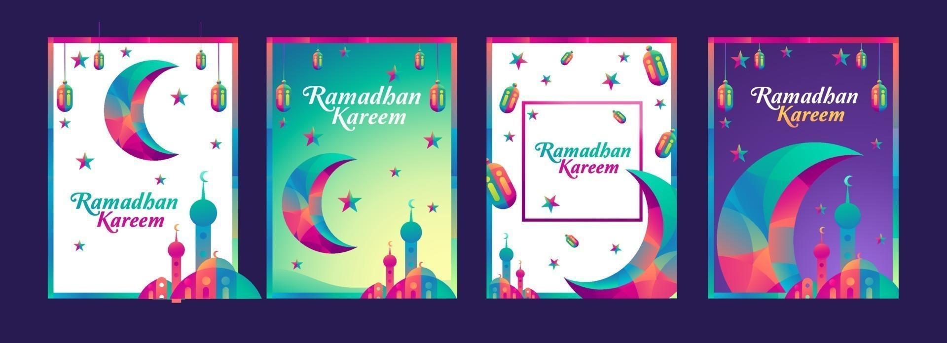 Ramadan Kareem set of posters or invitations design with attractive colors, Mosques, Islamic lanterns, stars and moons on a white background, green and purple. Vector illustration. Place for text.