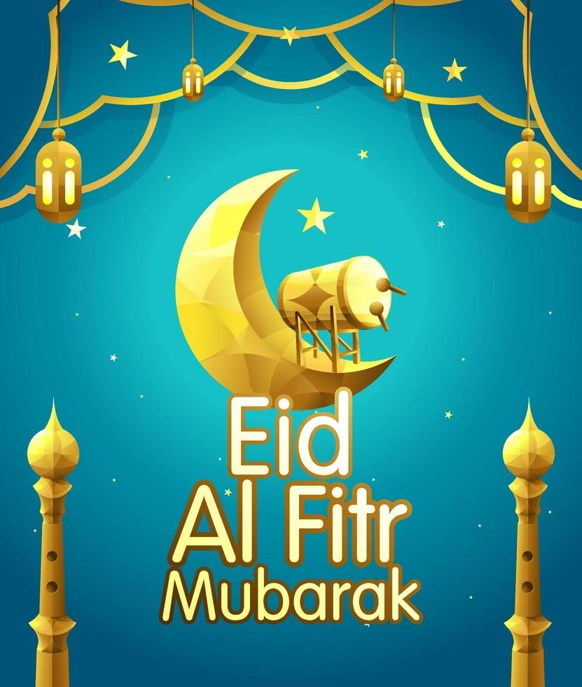 Eid Mubarak Vector Illustration with golden crescent moon, drum, and lantern on a blue gradient cloud and sky background.