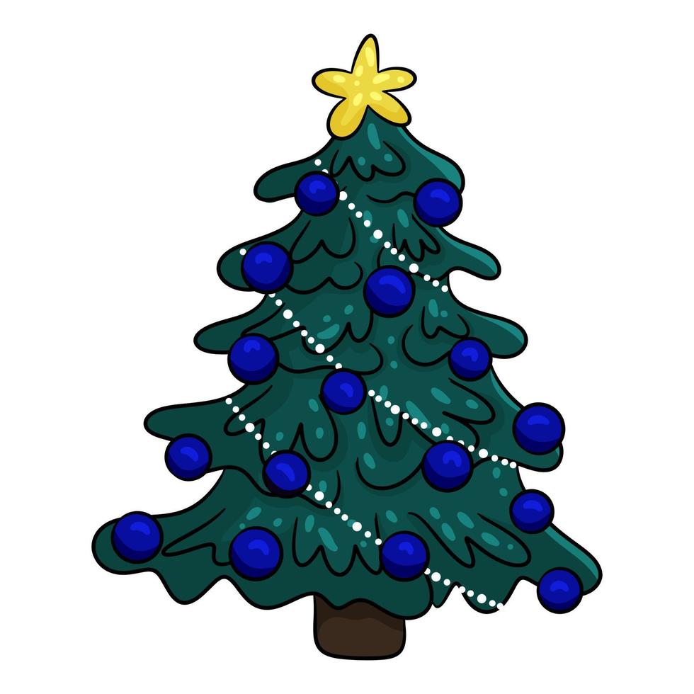 árbol de navidad dibujado a mano decorado con bolas de cristal y una guirnalda. aislado sobre fondo blanco. ilustración vectorial, estilo de dibujos animados vector