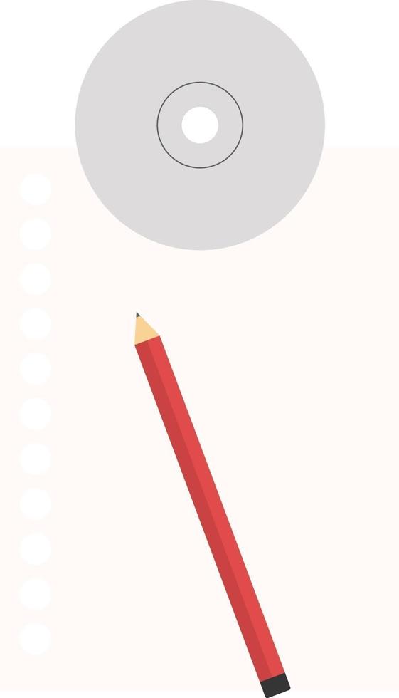 Paper, pencil and CD, illustration, vector on a white background.