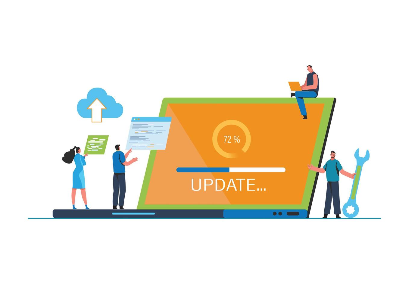 System updates with people updating operation in computing and installation programs. Flat vector illustration modern character design. For a landing page, banner, flyer, poster, web page.
