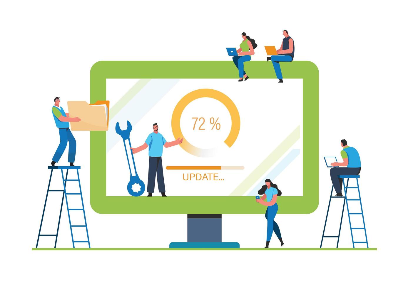 System updates with people updating operation in computing and installation programs. Flat vector illustration modern character design. For a landing page, banner, flyer, poster, web page.