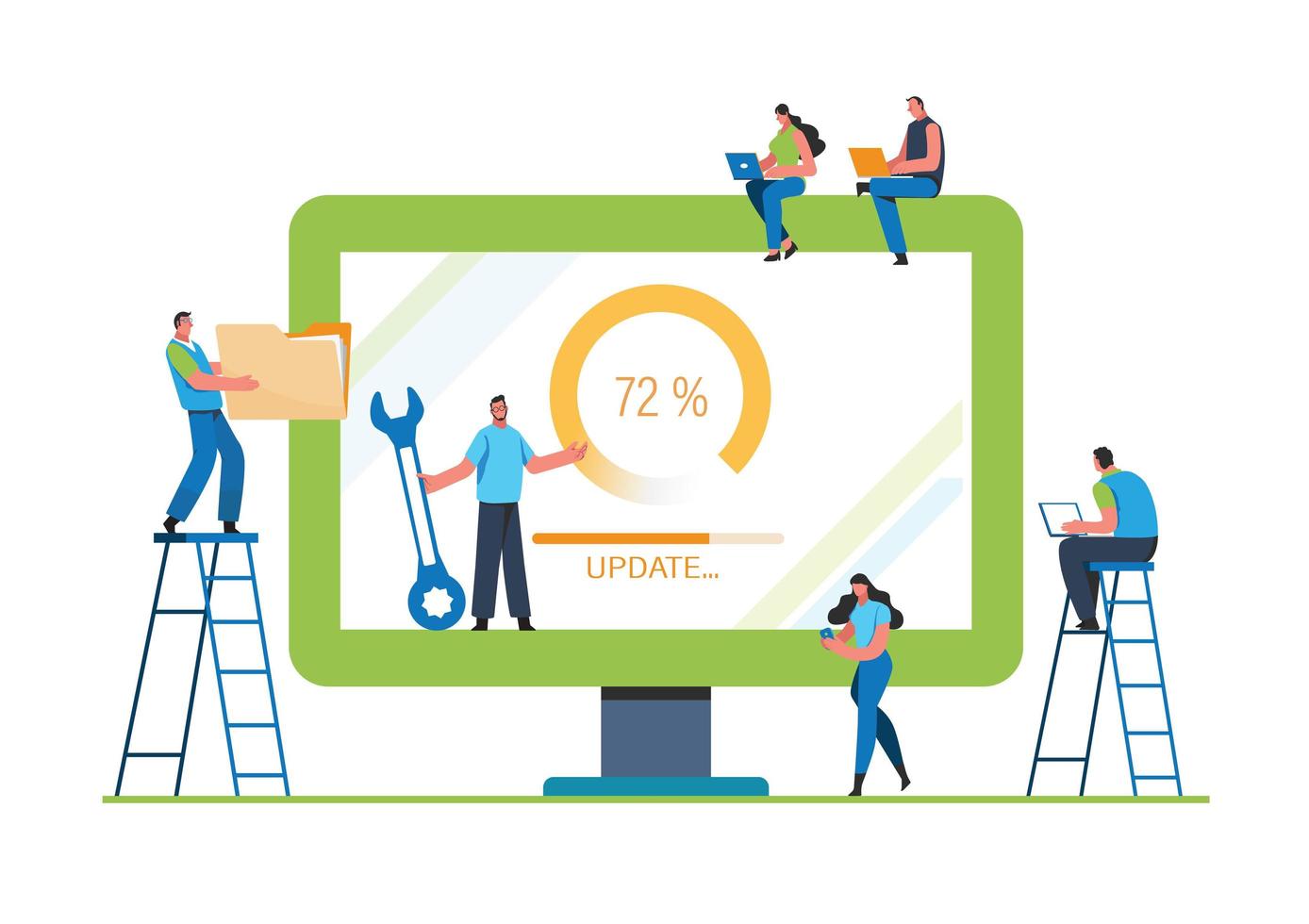 actualizaciones del sistema con personas que actualizan la operación en programas de computación e instalación. ilustración de vector plano diseño de personajes modernos. para una página de inicio, pancarta, volante, afiche, página web.