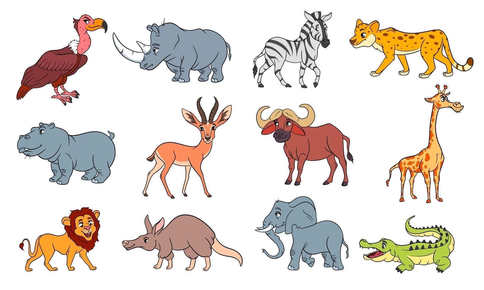 Large set of African animals. Funny animal characters in cartoon style. vector