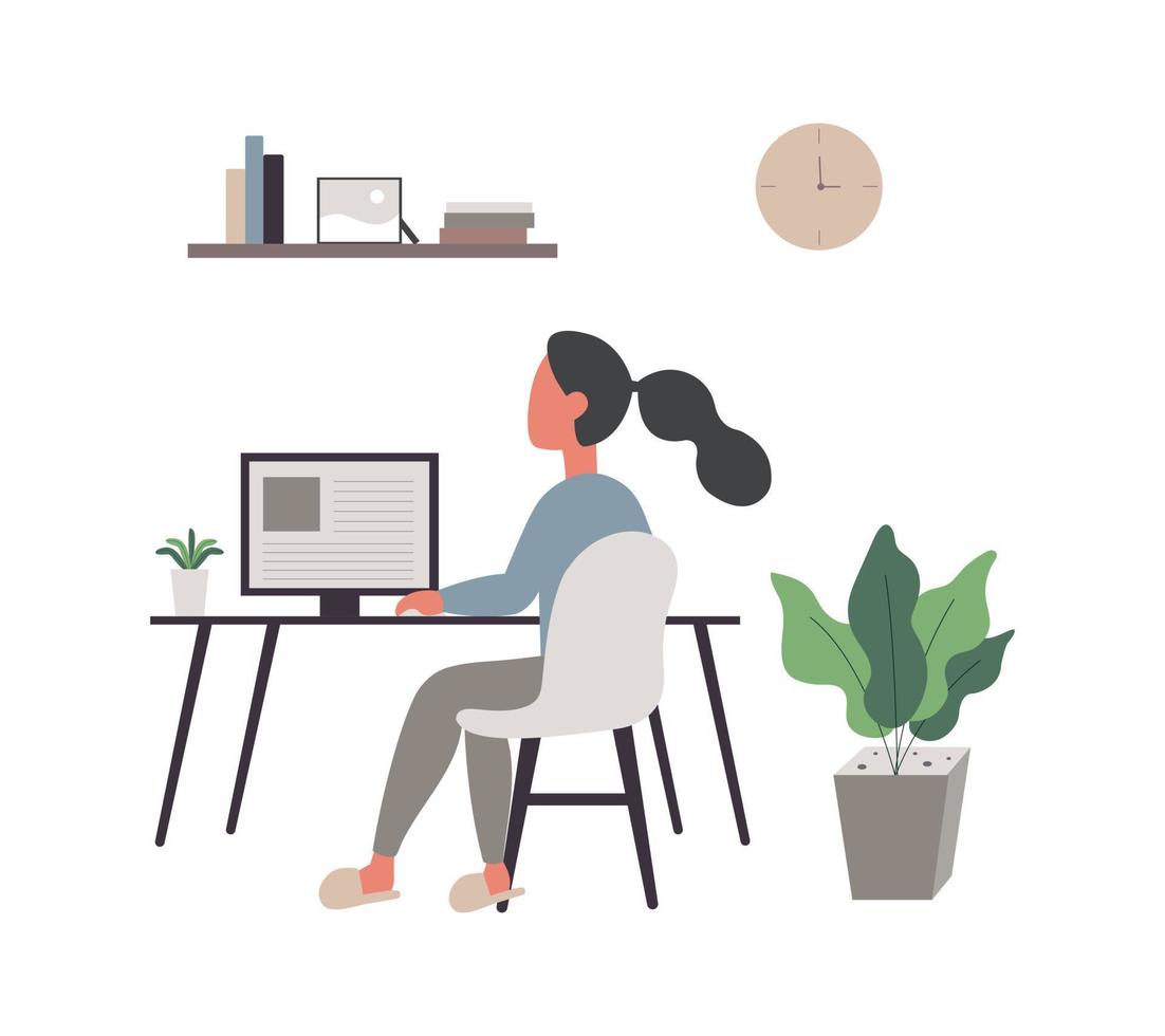 work from home conceptual illustration A young woman works independently with a computer at home and has a bookshelf and a flower pot. In quarantine Vector illustration