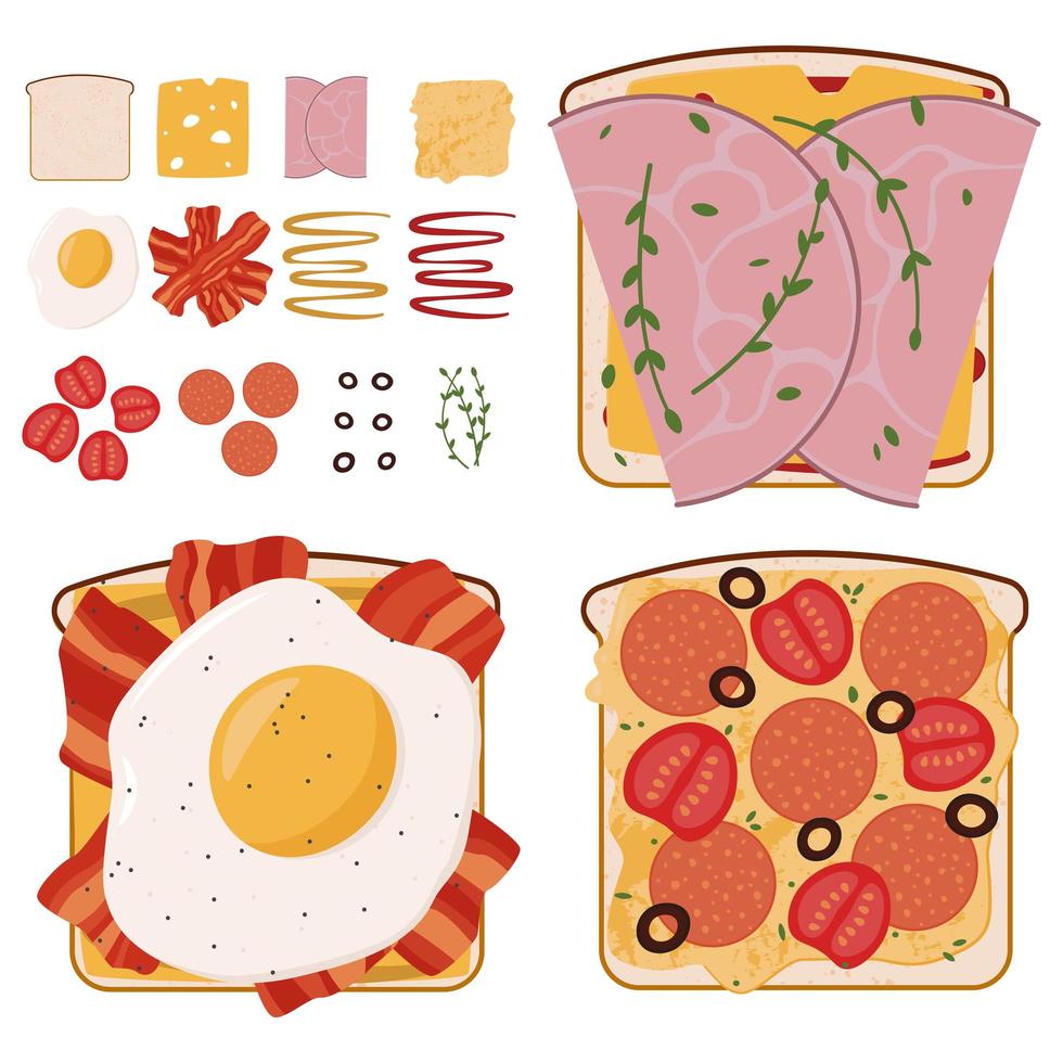 set of meat sandwiches with used ingredients vector