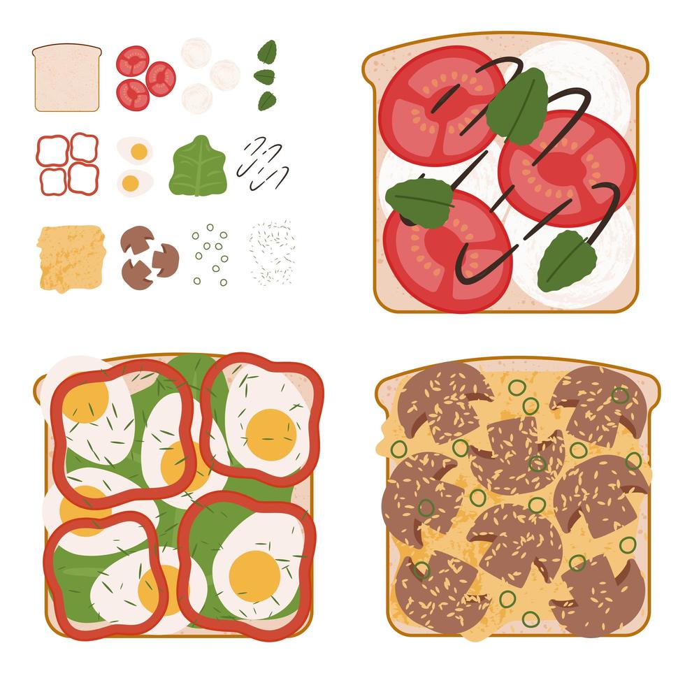 set of vegatables sandwiches with used ingredients vector