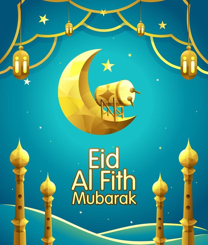Vector illustration of Eid with golden crescent moon, drum and lantern on blue gradient clouds.