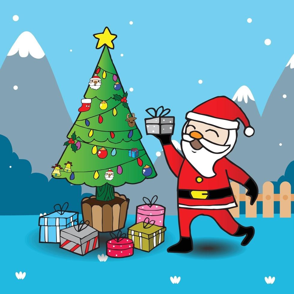 tarjeta de felicitación, tarjeta de navidad con santa claus y árbol de navidad vector