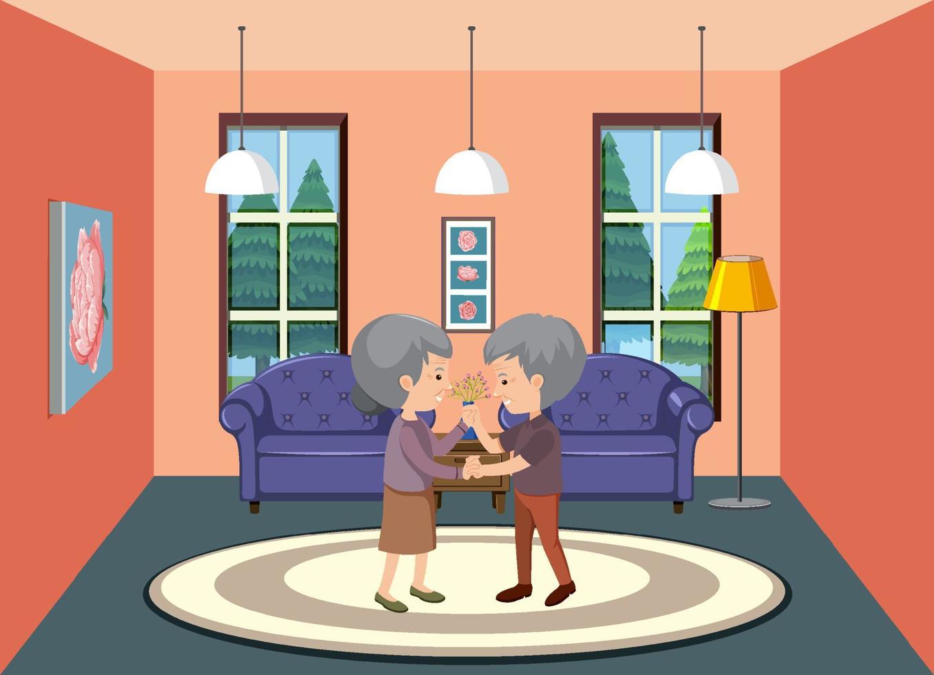 sala de estar con caricatura de pareja de ancianos vector