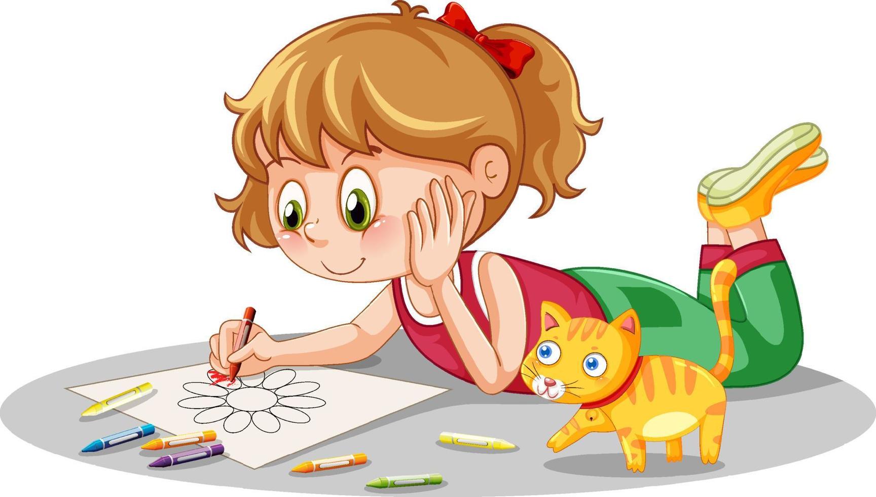 Girl drawing flower on white background vector