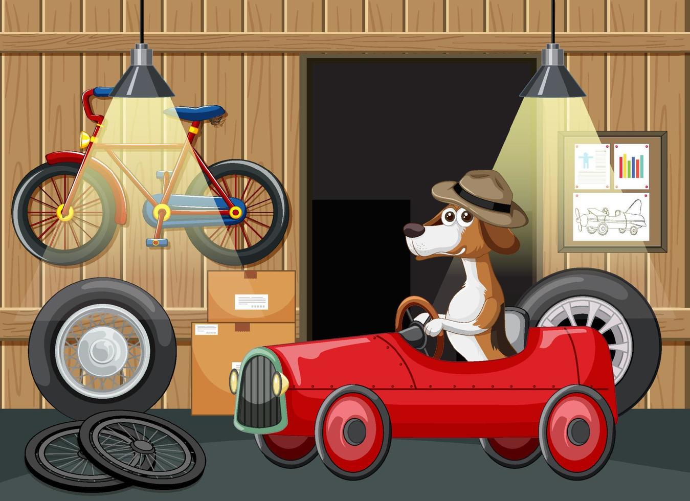 Dog driving car in garage vector