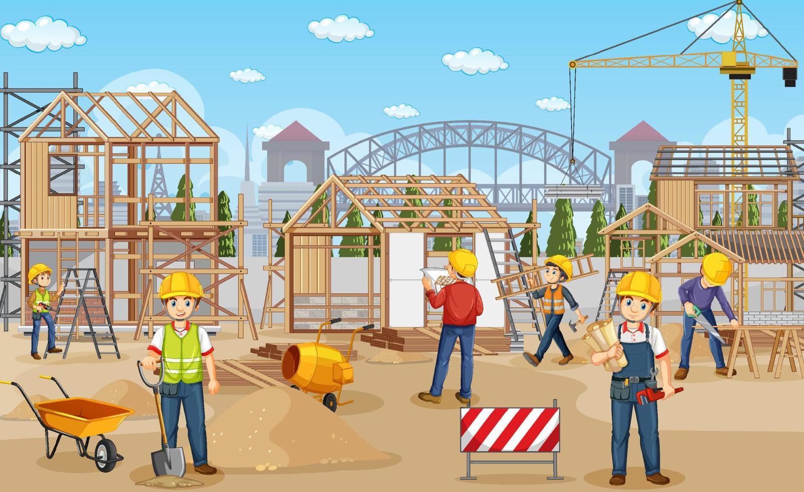 Building construction site with workers vector