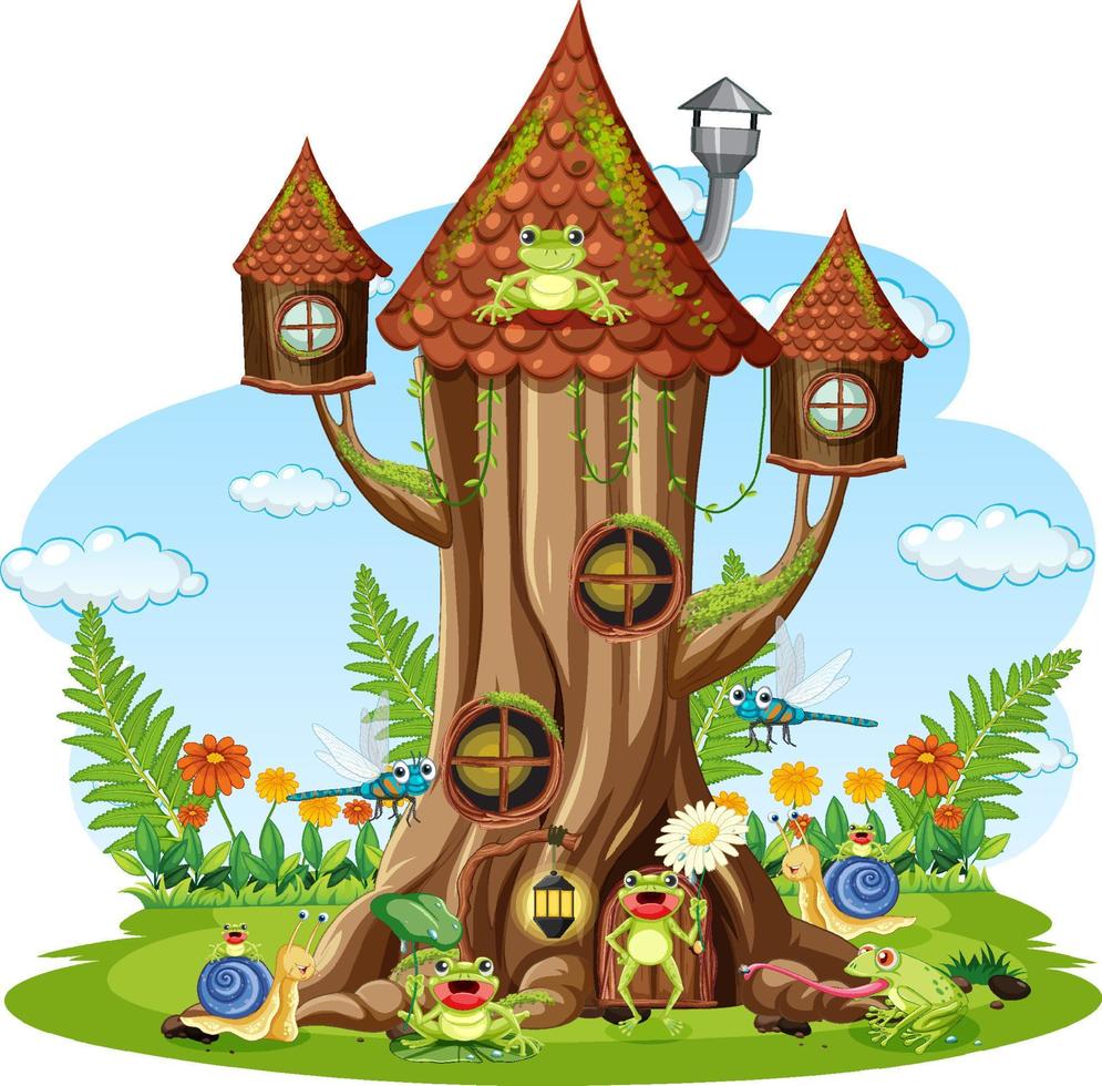 Happy insect cartoon at fairy tree house vector