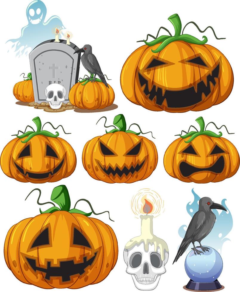 conjunto de calabaza de halloween y cuervo vector