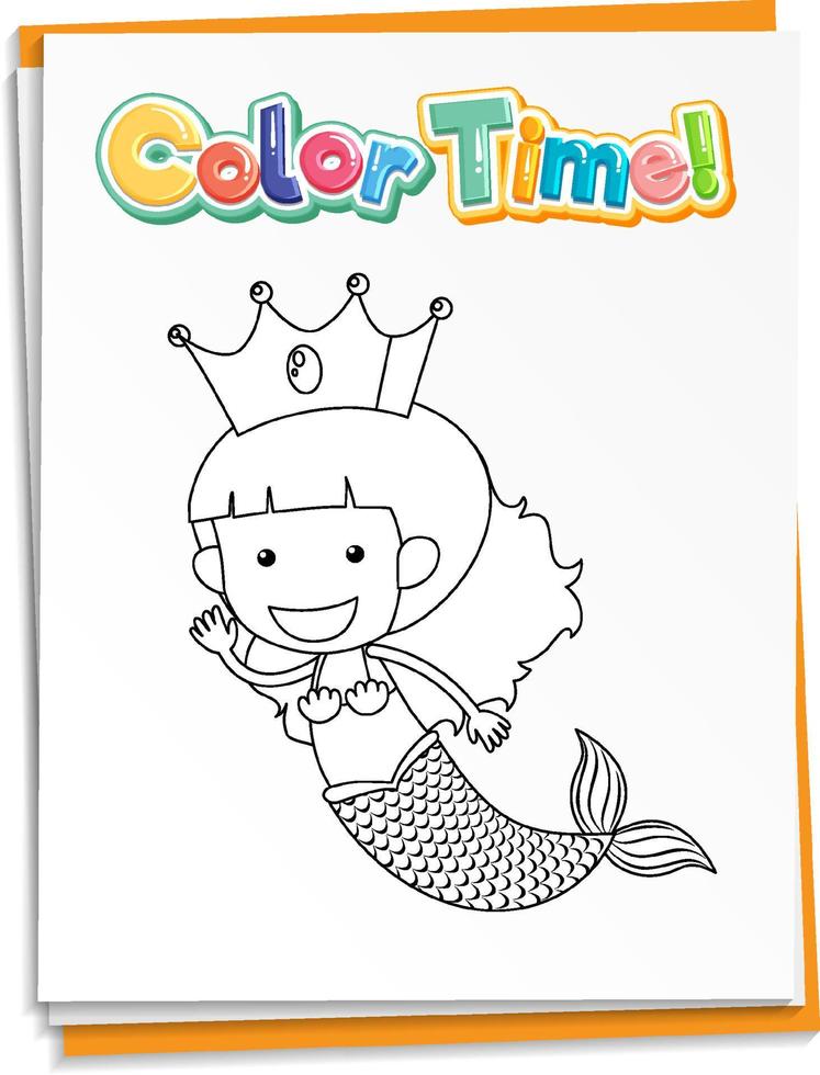 Worksheets template with color time text and mermaid outline vector