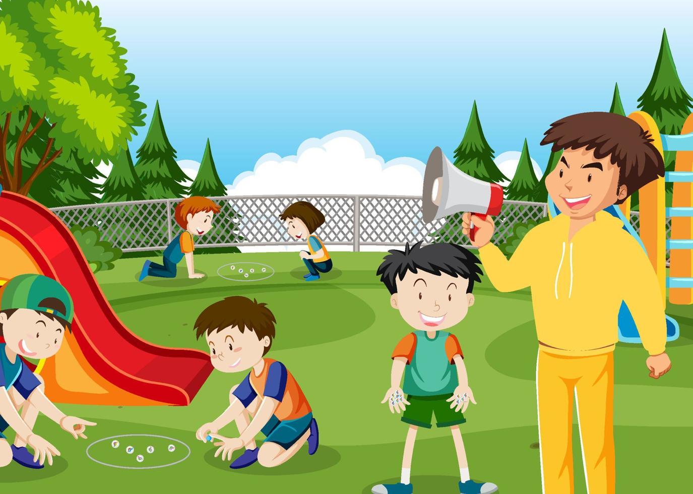 Outdoor park with children playing marbles vector