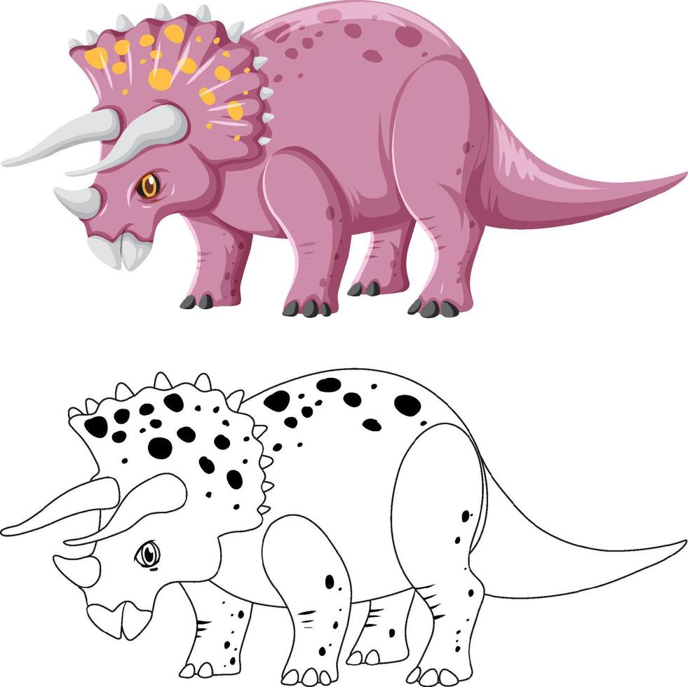 Triceratops dinosaur with its doodle outline on white background vector