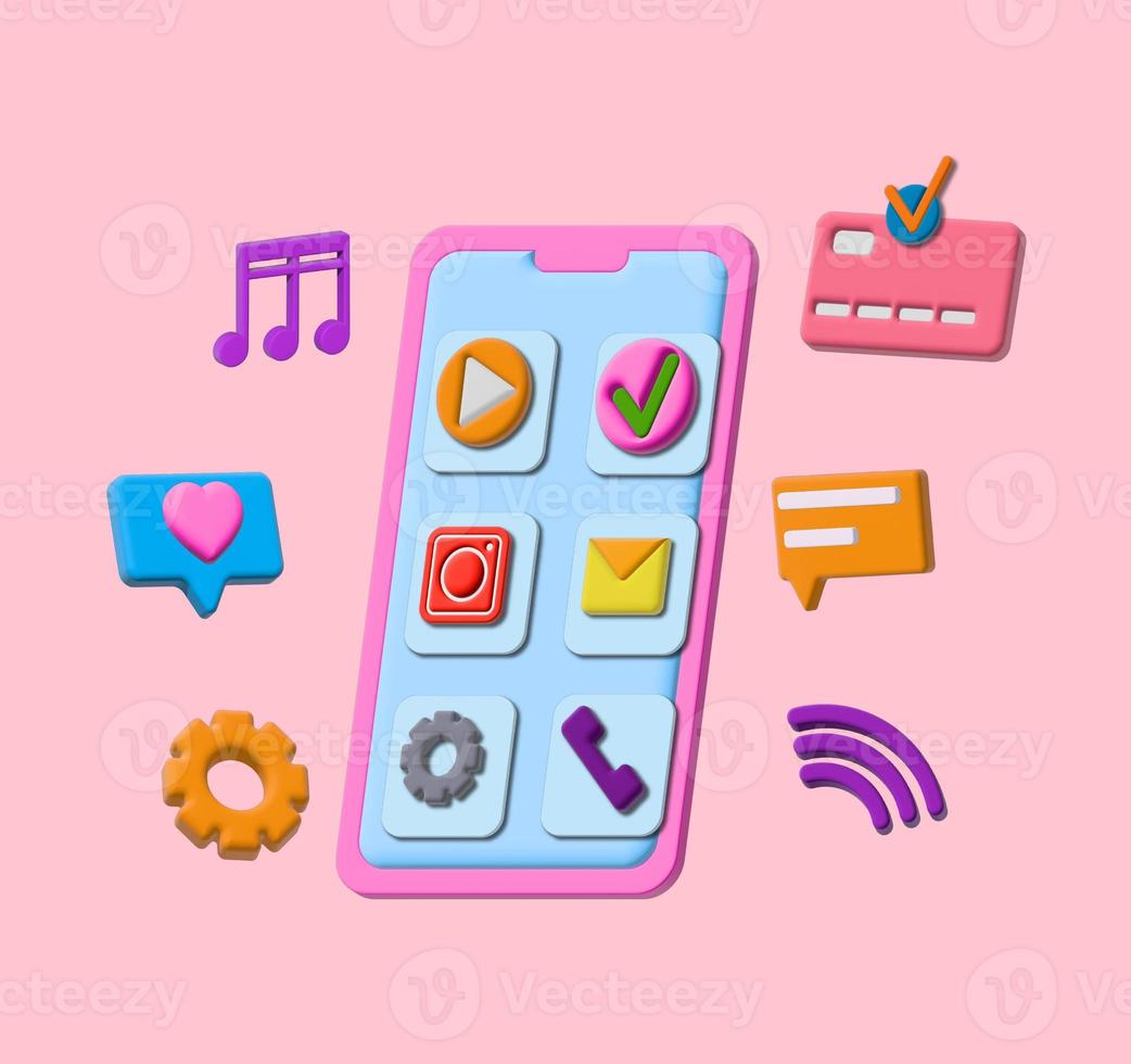 3d mobile phone surrounded by floating elements, icons of mobile applications. 3d illustration of the phone photo