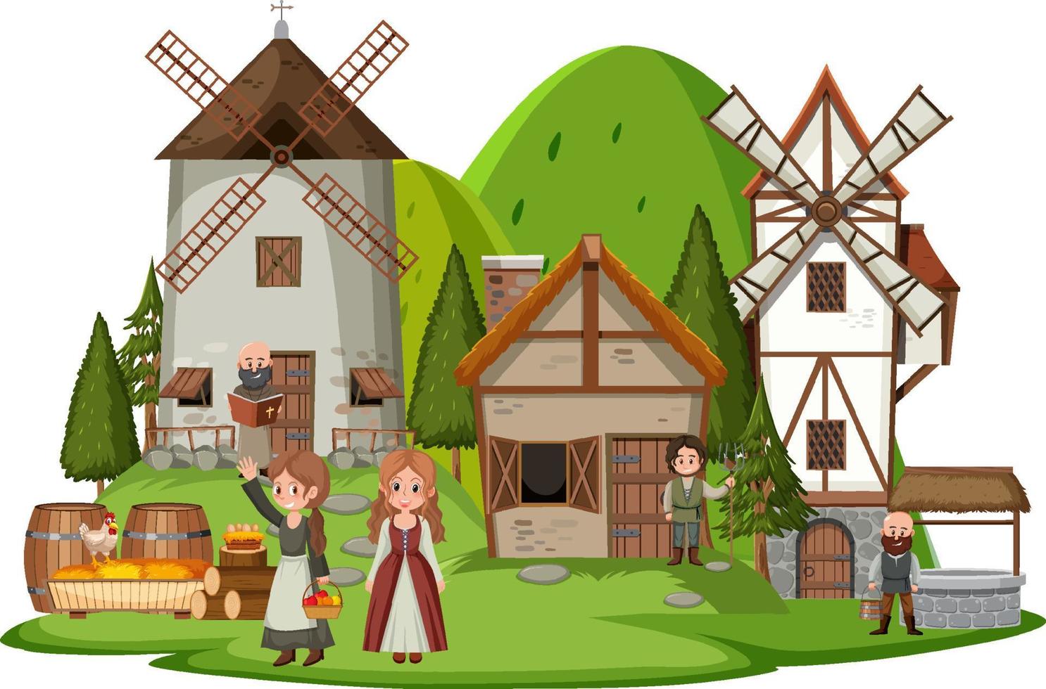 Isolated ancient medieval village and villagers vector