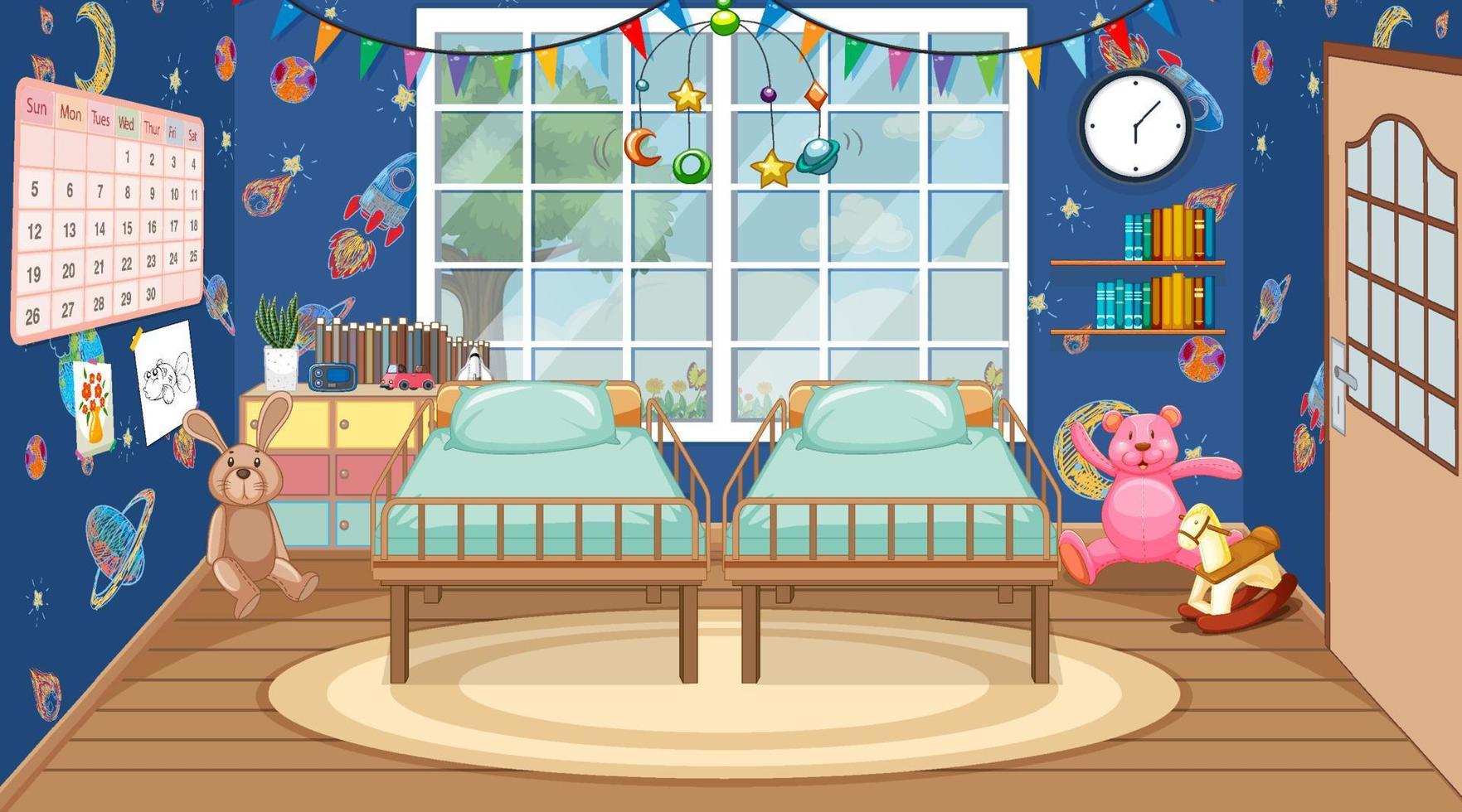 Scene with two baby beds in the room vector