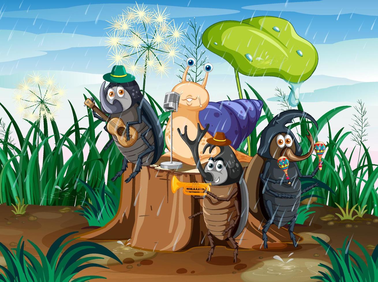 Fantasy forest with cartoon insects vector
