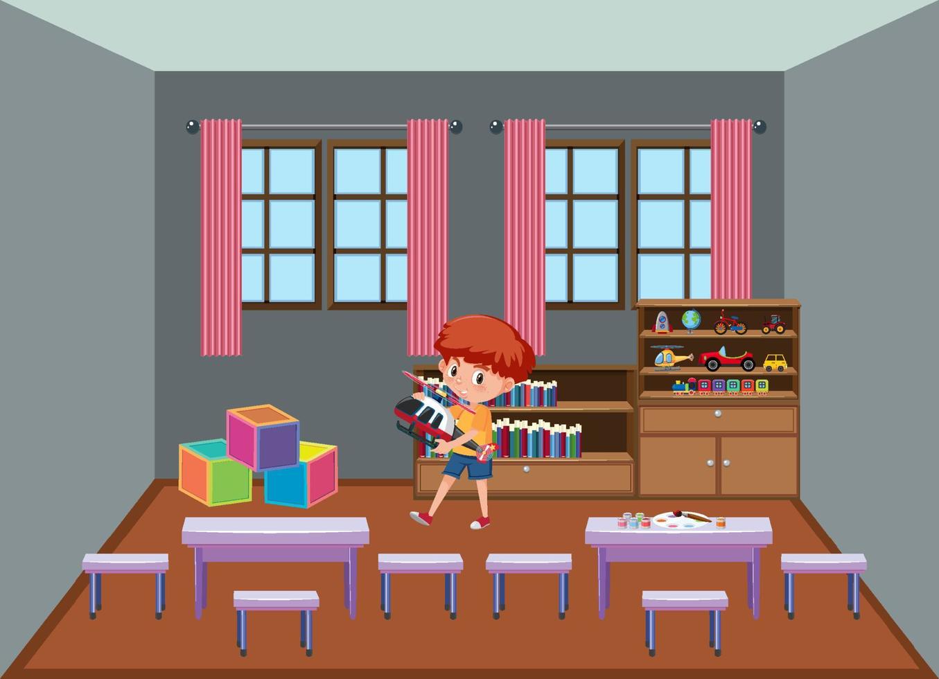 A boy holding helicopter toy in classroom vector