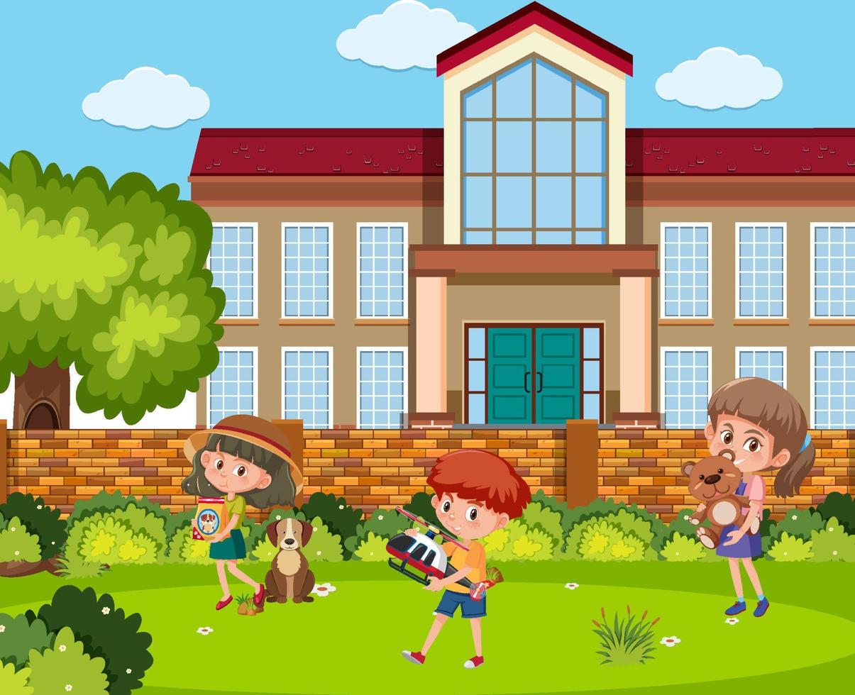 School outdoor with children cartoon character vector