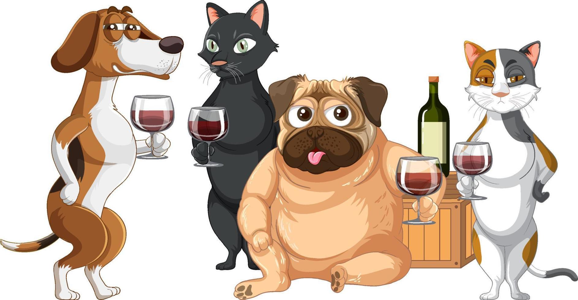 un grupo de gatos y perros bebiendo vino vector