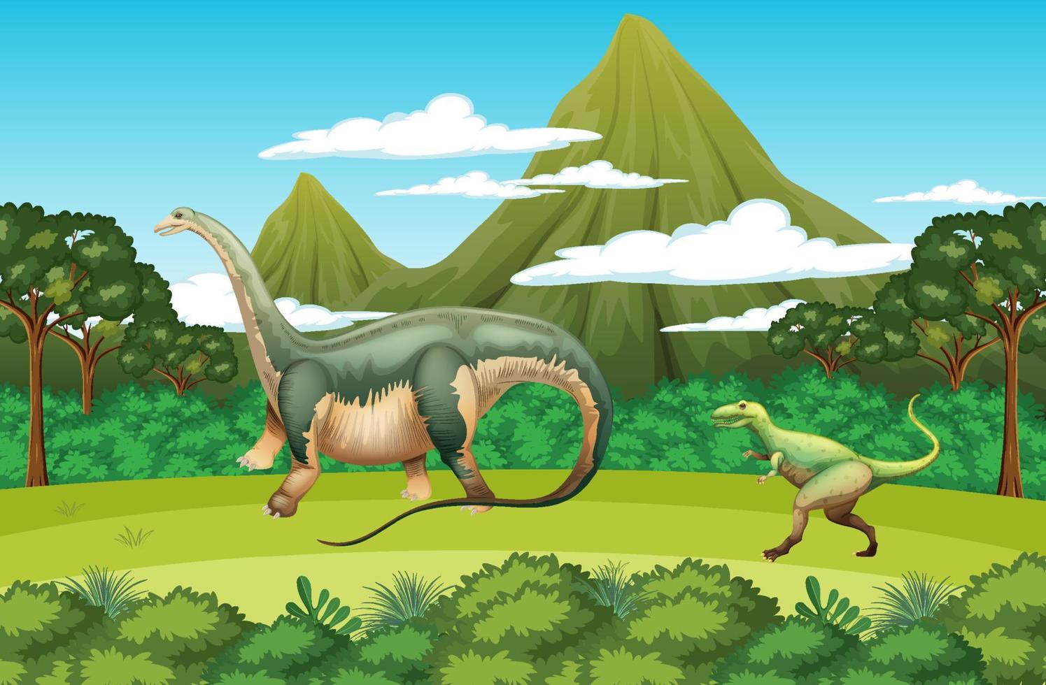 escena de la naturaleza con árboles en las montañas con dinosaurio vector