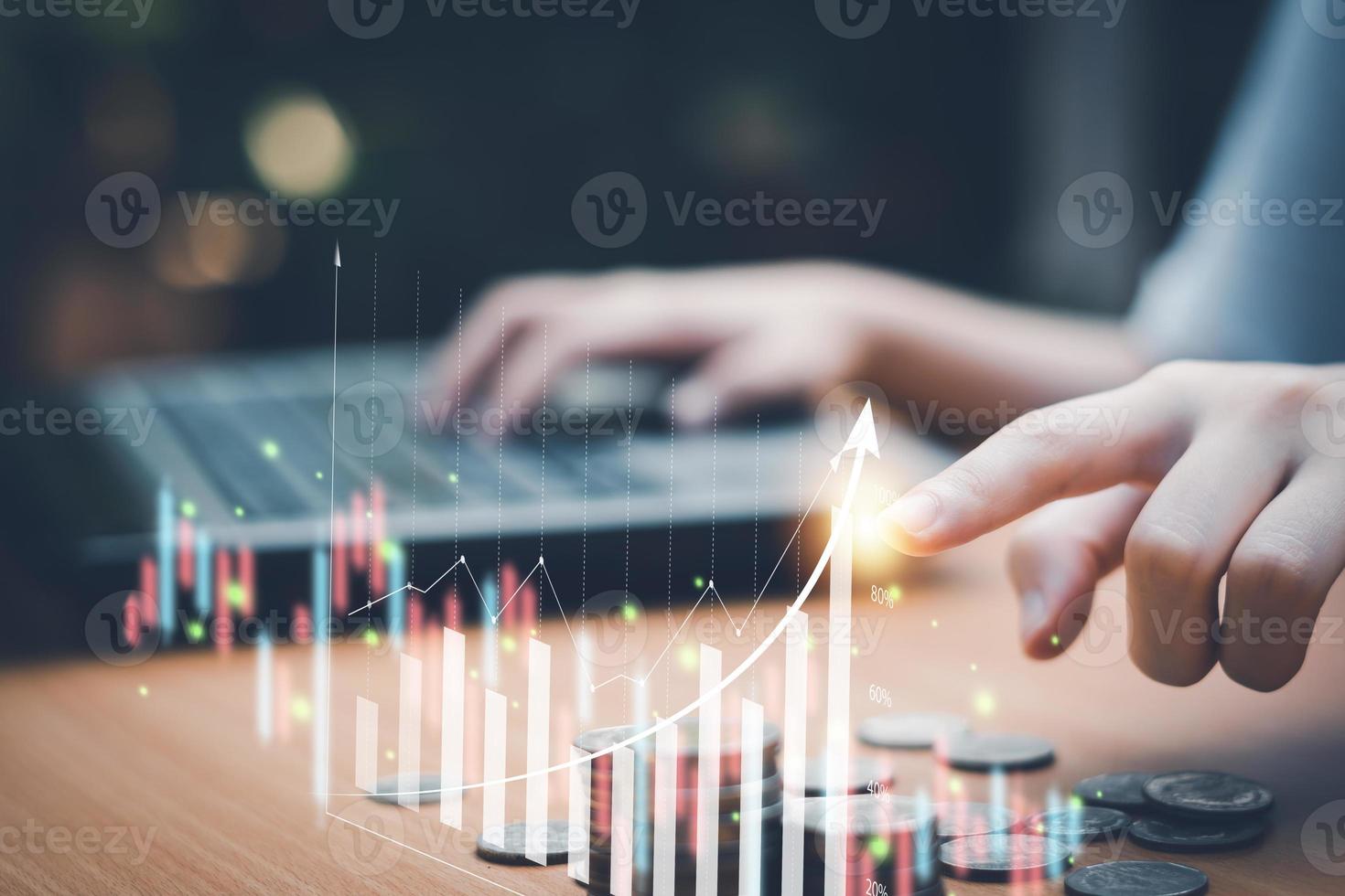 Businessman analyzing financial data with virtual graphs, concepts, technology, business, finance, investments, stocks, traders, digital assets. photo