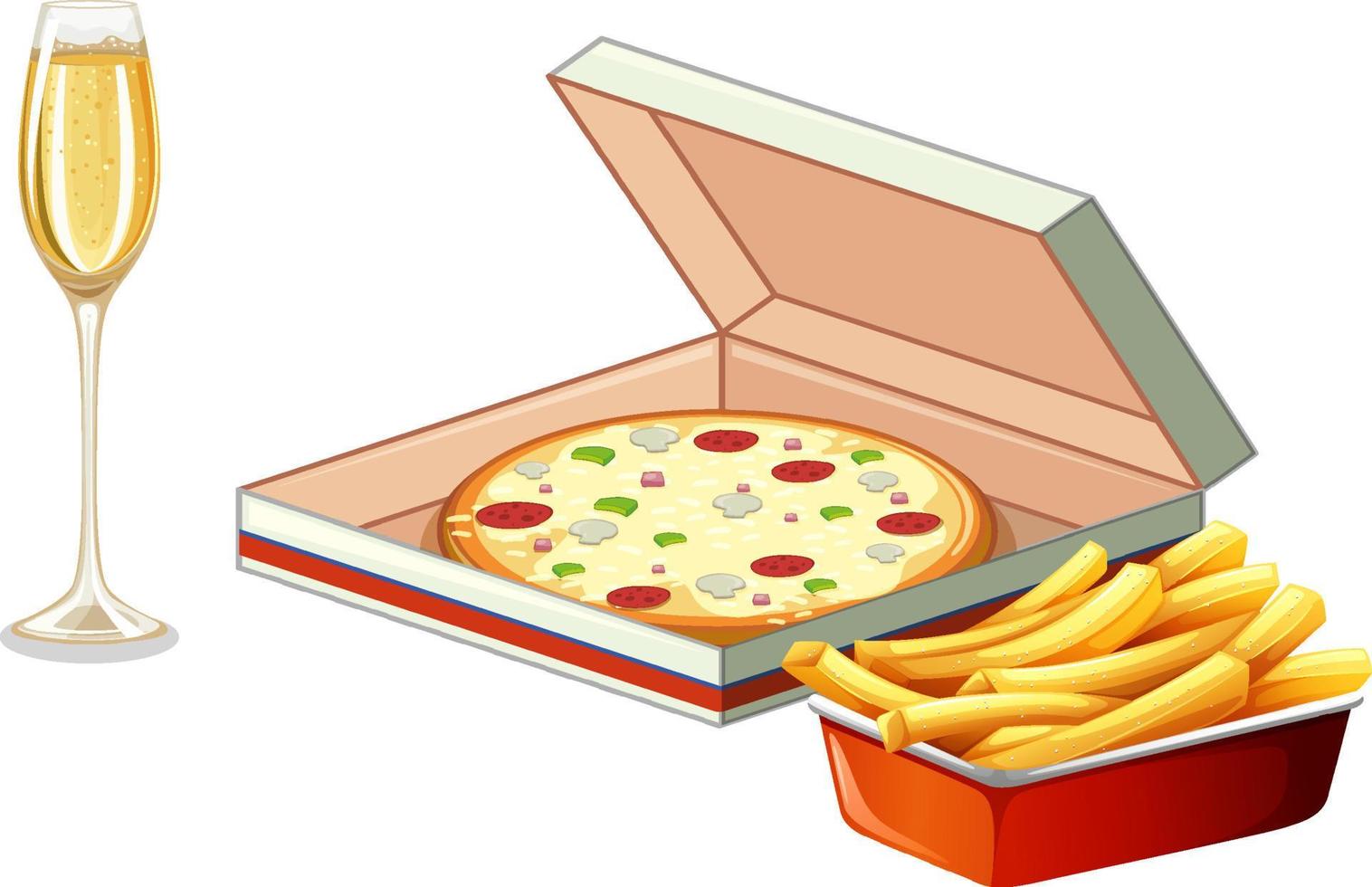 juego de comida rápida con pizza y papas fritas vector