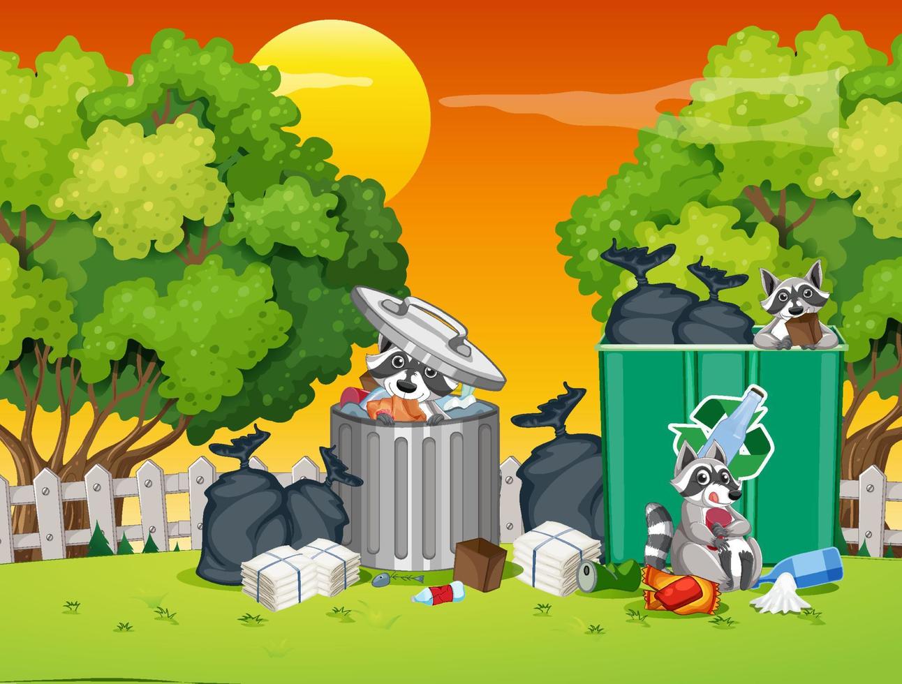 Scene with raccoons eating from trash vector