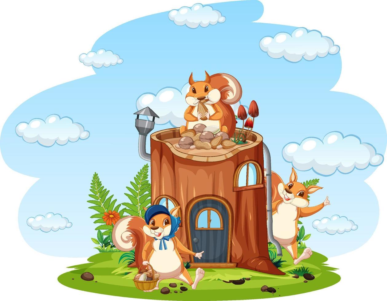 Scene with three squirrels by the house vector